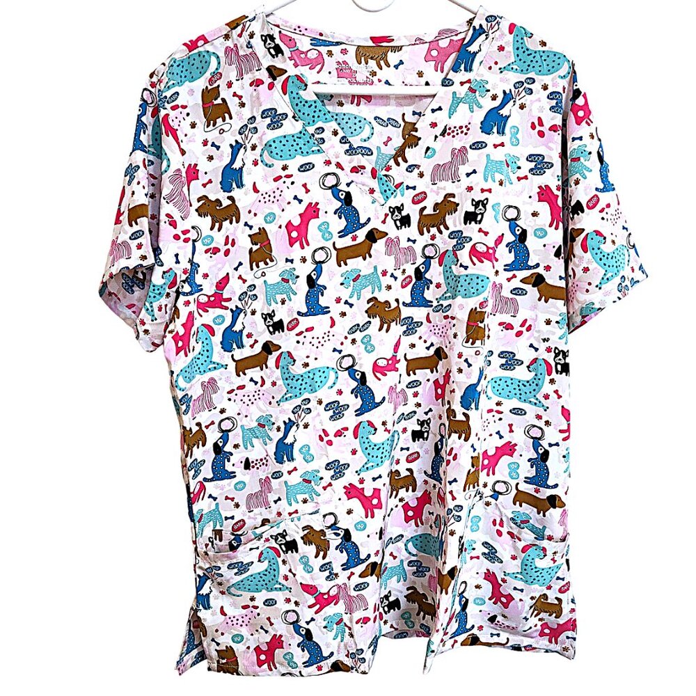 Samantha Mara Scrub Top Whimsical Dogs Puppies Aqua Pink White Size 2X